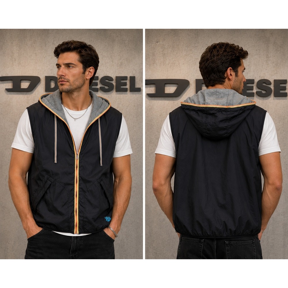 Diesel Mens Hooded Vest Black Nylon Full Zip Striped‎ Trim Size S RN93243
